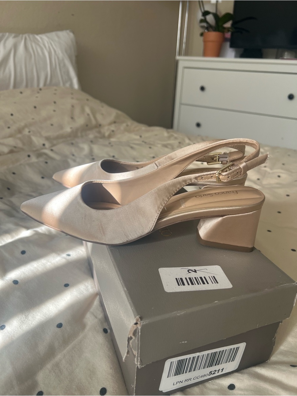 Franco Sarto Satin Slingback Block Heel Pumps in Champagne Pink